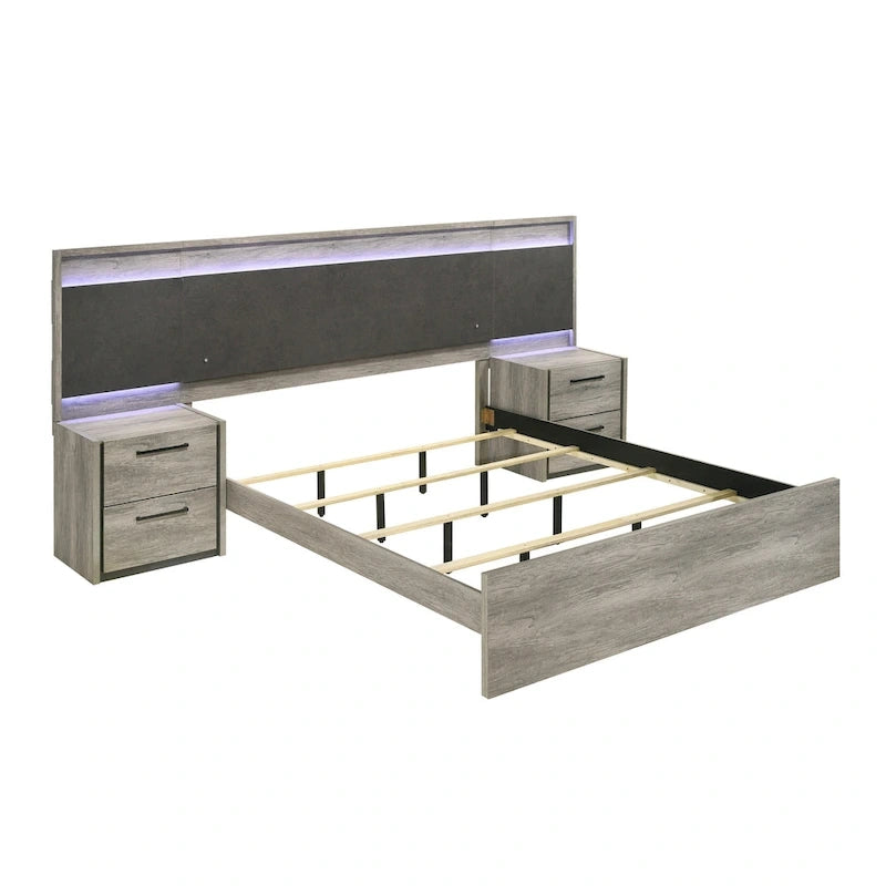 Mobili Roundhill Lenca Letto a scomparsa a parete con LED, comodini, cassettiera e specchio - Grigio invecchiato