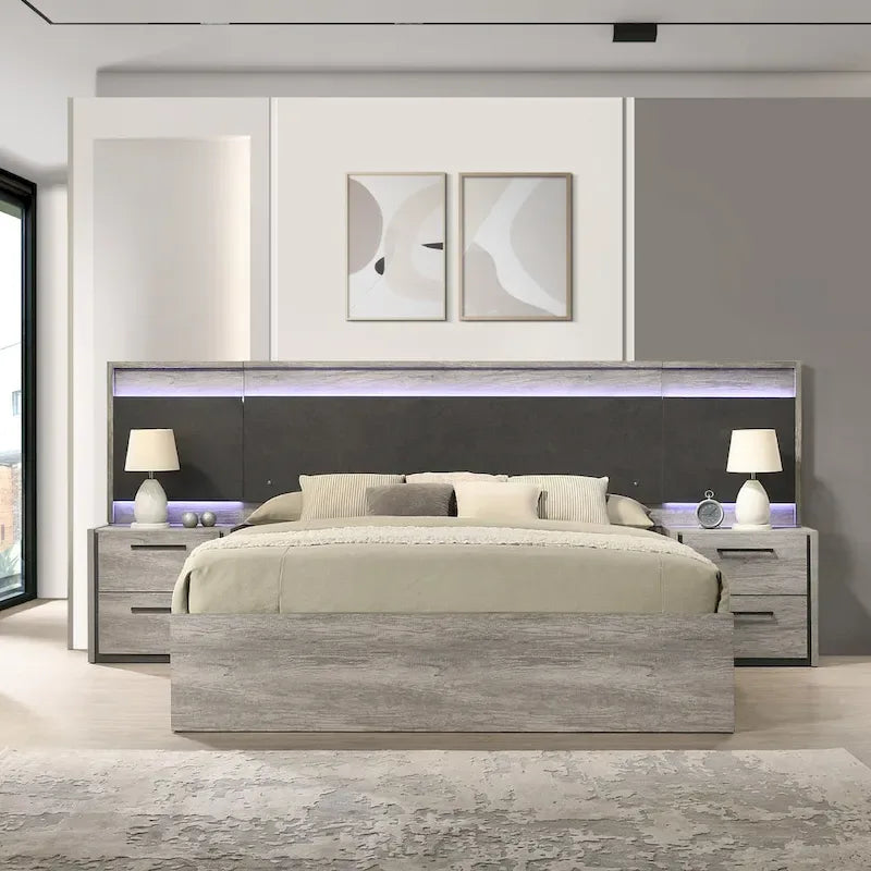 Mobili Roundhill Lenca Letto a scomparsa a parete con LED, comodini, cassettiera e specchio - Grigio invecchiato