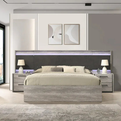 Mobili Roundhill Lenca Letto a scomparsa a parete con LED, comodini, cassettiera e specchio - Grigio invecchiato