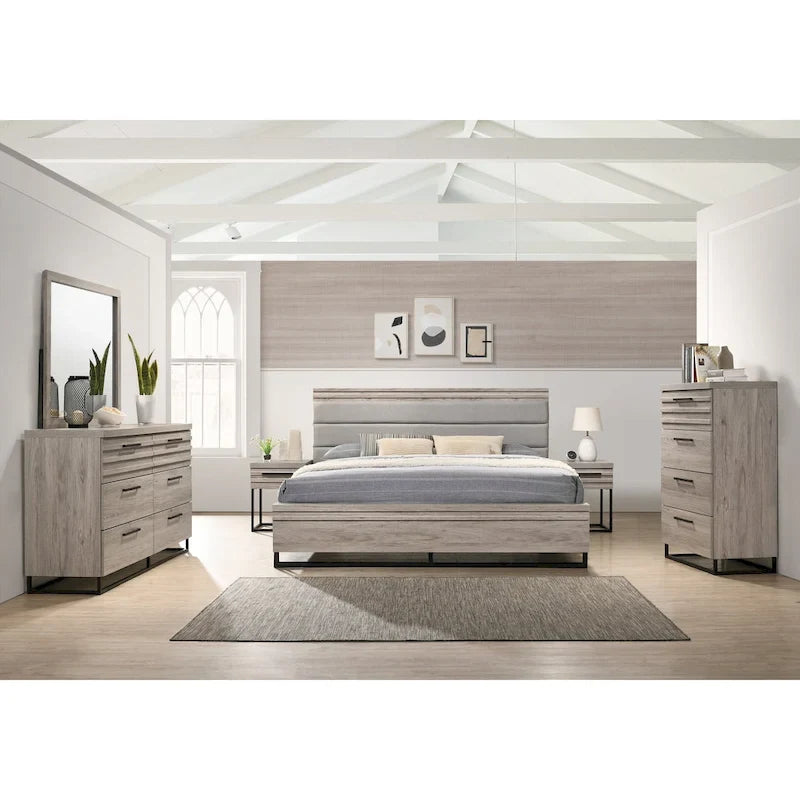 Roundhill Furniture Alvear Upholstered Wood Panel Bed, Dresser, Mirror, 2 Nightstands, and Chest, Weathered Gray
