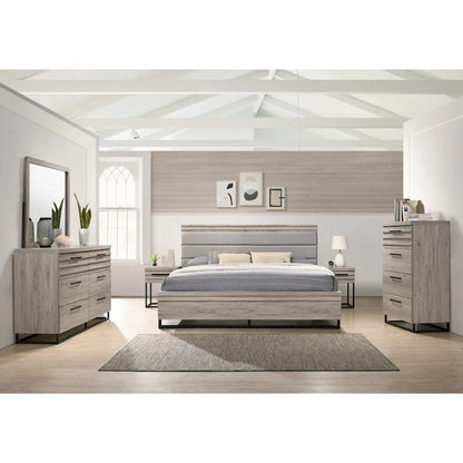 Roundhill Furniture Alvear Upholstered Wood Panel Bed, Dresser, Mirror, 2 Nightstands, and Chest, Weathered Gray