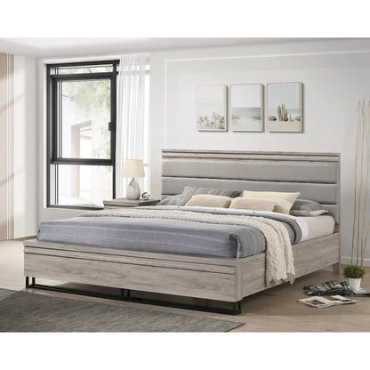 Roundhill Furniture Alvear Upholstered Wood Panel Bed, Dresser, Mirror, 2 Nightstands, and Chest, Weathered Gray