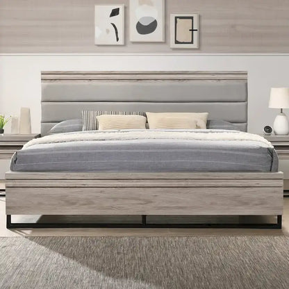 Roundhill Furniture Alvear Upholstered Wood Panel Bed, Dresser, Mirror, 2 Nightstands, and Chest, Weathered Gray