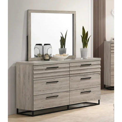 Roundhill Furniture Alvear Upholstered Wood Panel Bed, Dresser, Mirror, 2 Nightstands, and Chest, Weathered Gray