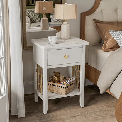 COSIEST Distressed White End Table with Drawer - 14 D x 18 W x 26.4 H