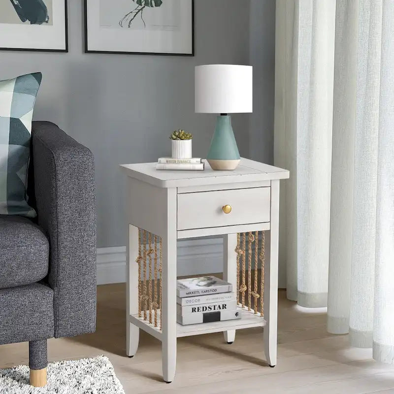 COSIEST Distressed White End Table with Drawer - 14 D x 18 W x 26.4 H