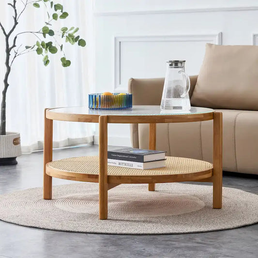 Circular double-layer solid wood tea table