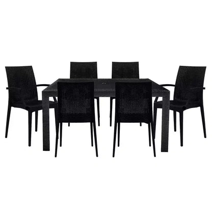 LeisureMod Mace Mid-Century 7-Piece Rectangular Outdoor Dining Set with 4 Side Chairs and 2 Armchairs