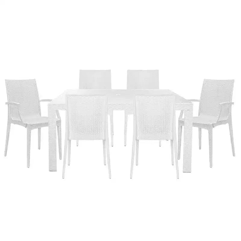 LeisureMod Mace Mid-Century 7-Piece Rectangular Outdoor Dining Set with 4 Side Chairs and 2 Armchairs