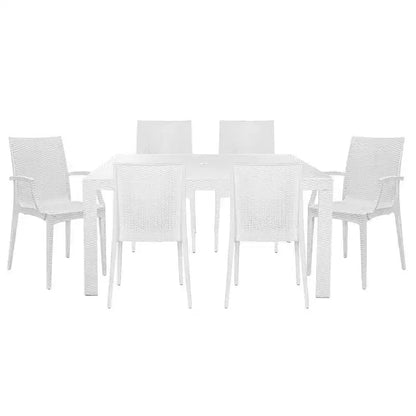 LeisureMod Mace Mid-Century 7-Piece Rectangular Outdoor Dining Set with 4 Side Chairs and 2 Armchairs