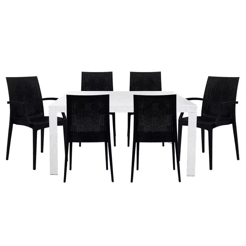 LeisureMod Mace Mid-Century 7-Piece Rectangular Outdoor Dining Set with 4 Side Chairs and 2 Armchairs