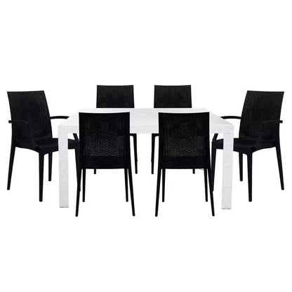 LeisureMod Mace Mid-Century 7-Piece Rectangular Outdoor Dining Set with 4 Side Chairs and 2 Armchairs