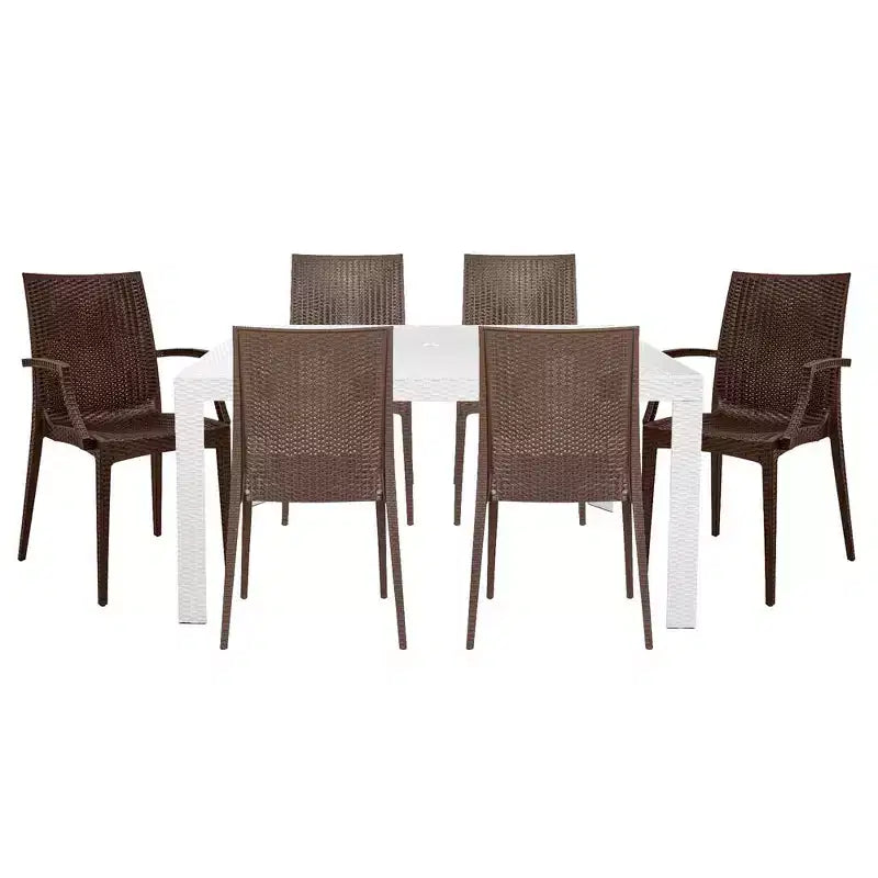LeisureMod Mace Mid-Century 7-Piece Rectangular Outdoor Dining Set with 4 Side Chairs and 2 Armchairs