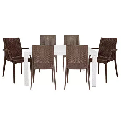 LeisureMod Mace Mid-Century 7-Piece Rectangular Outdoor Dining Set with 4 Side Chairs and 2 Armchairs