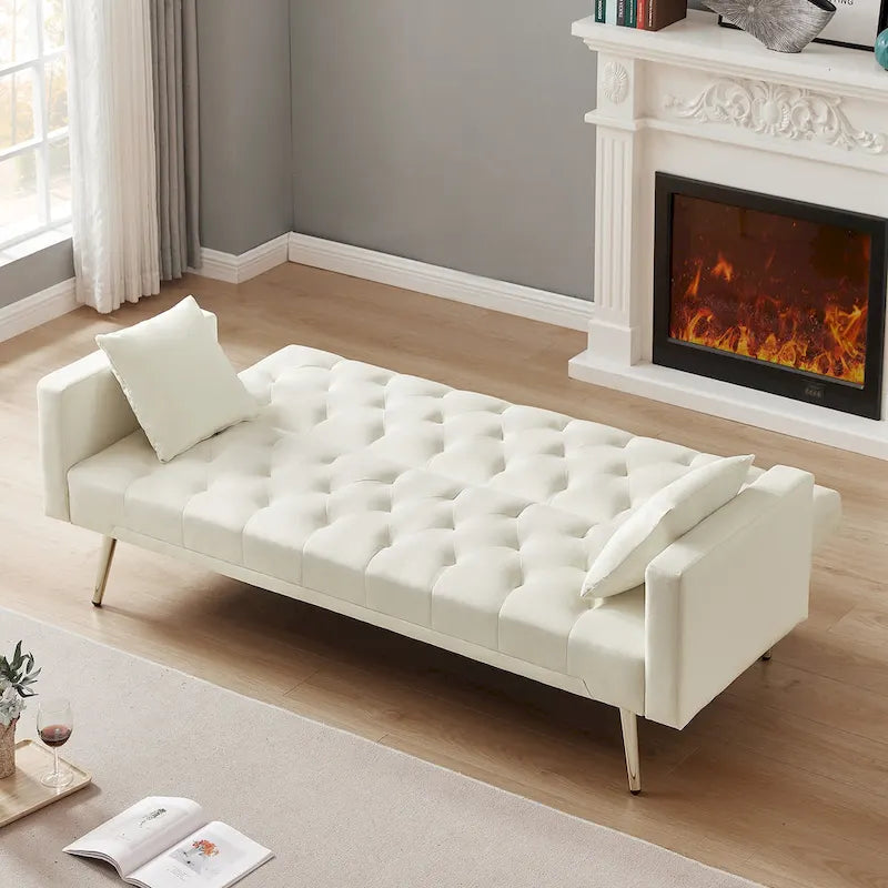 Tufted Upholstered Convertible Folding Sofa Bed Cream White