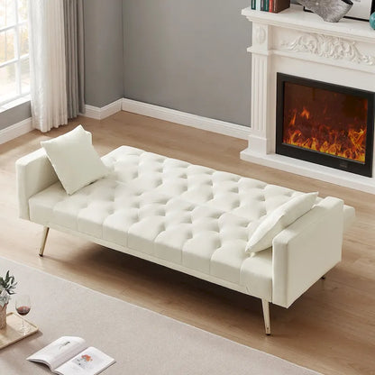 Tufted Upholstered Convertible Folding Sofa Bed Cream White