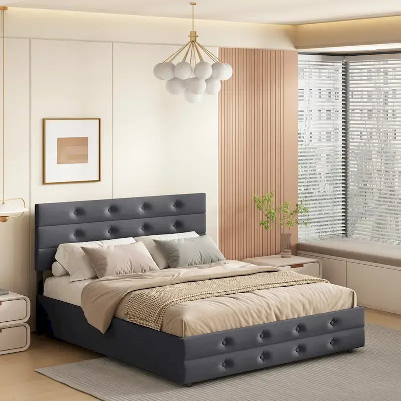 Letto a rotelle imbottito in tessuto di lino Queen Size con cassetti Grigio