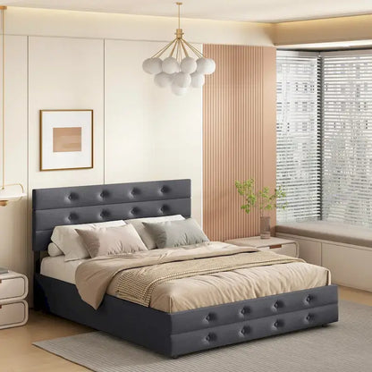 Letto a rotelle imbottito in tessuto di lino Queen Size con cassetti Grigio