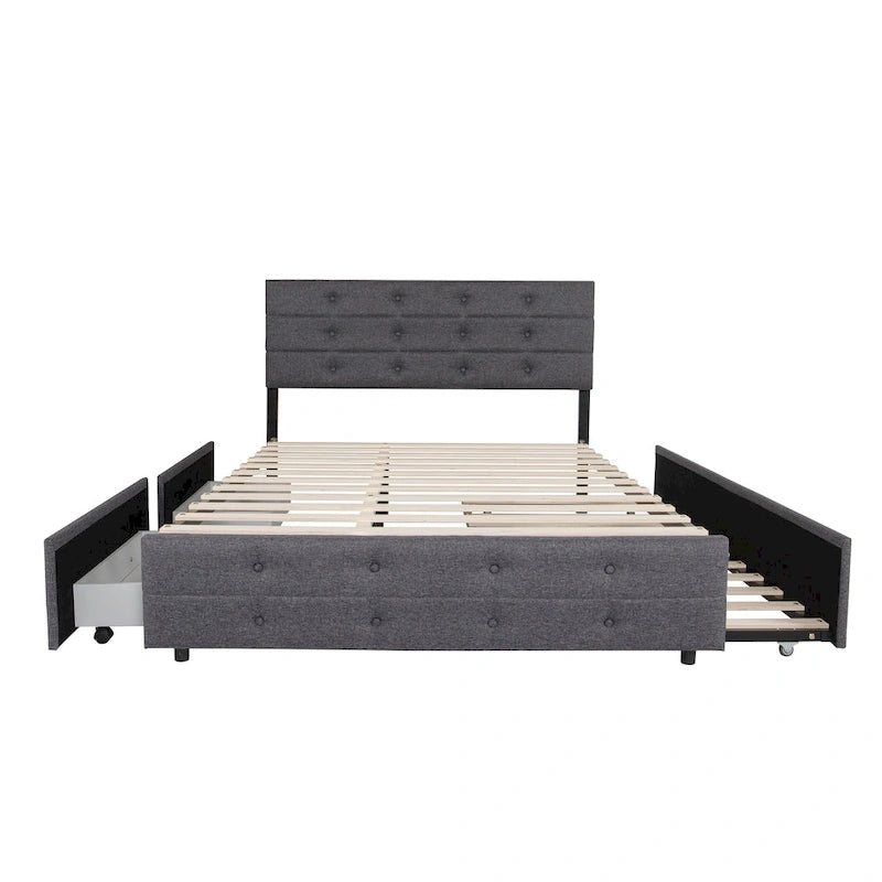Letto a rotelle imbottito in tessuto di lino Queen Size con cassetti Grigio