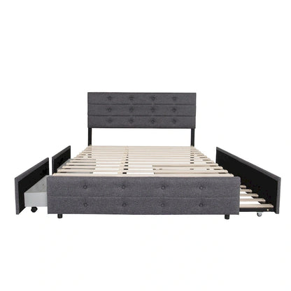 Letto a rotelle imbottito in tessuto di lino Queen Size con cassetti Grigio