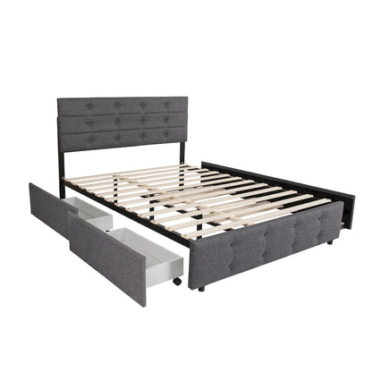 Letto a rotelle imbottito in tessuto di lino Queen Size con cassetti Grigio