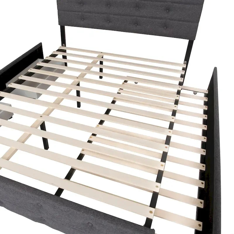 Letto a rotelle imbottito in tessuto di lino Queen Size con cassetti Grigio