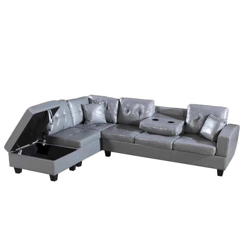 Faux Leather Left Chaise Living Room Sofa Set with Storage Ottoman