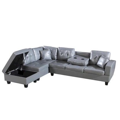 Faux Leather Left Chaise Living Room Sofa Set with Storage Ottoman