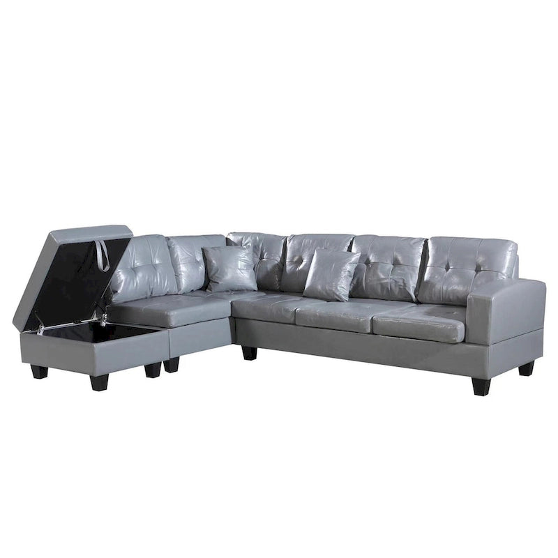 Faux Leather Left Chaise Living Room Sofa Set with Storage Ottoman