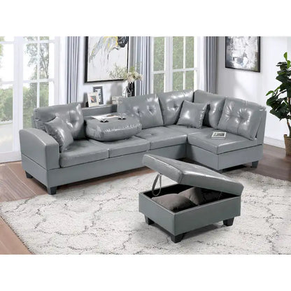 Faux Leather Left Chaise Living Room Sofa Set with Storage Ottoman