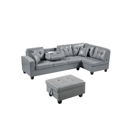 Faux Leather Left Chaise Living Room Sofa Set with Storage Ottoman