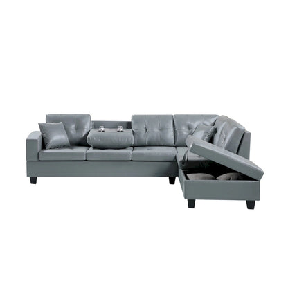 Faux Leather Left Chaise Living Room Sofa Set with Storage Ottoman