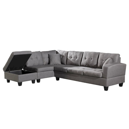 Faux Leather Left Chaise Living Room Sofa Set with Storage Ottoman