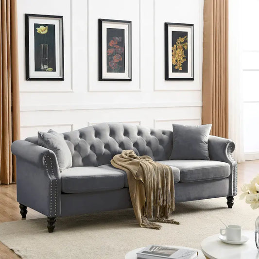 [Video] 79  Chesterfield Sofa Grey Velvet for Living Room, 3 Seater Sofa Tufted Couch with Rolled Arms and Nailhead for Living R