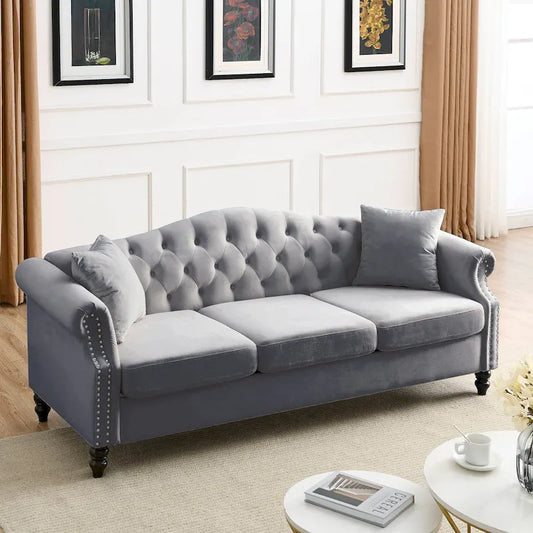 [Video] 79  Chesterfield Sofa Grey Velvet for Living Room, 3 Seater Sofa Tufted Couch with Rolled Arms and Nailhead for Living R