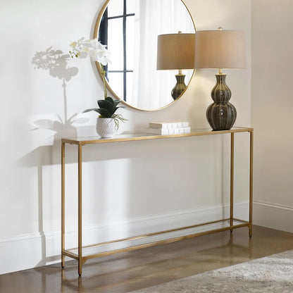 Copper Grove Metal and Tempered Glass Narrow Console Table