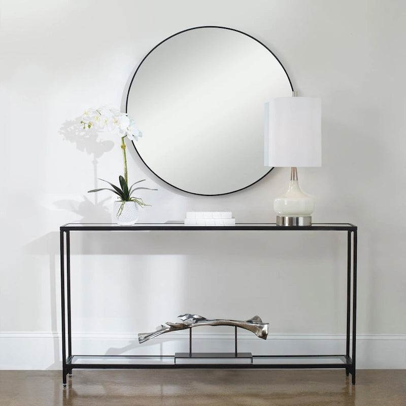 Copper Grove Metal and Tempered Glass Narrow Console Table