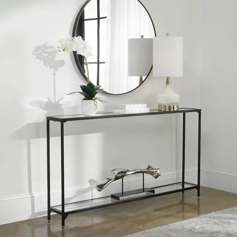 Copper Grove Metal and Tempered Glass Narrow Console Table