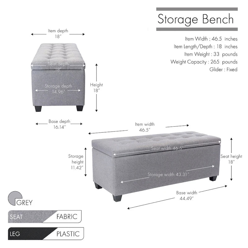 Porthos Home Ved Storage Bench, Flip Top, Fabric Upholstery