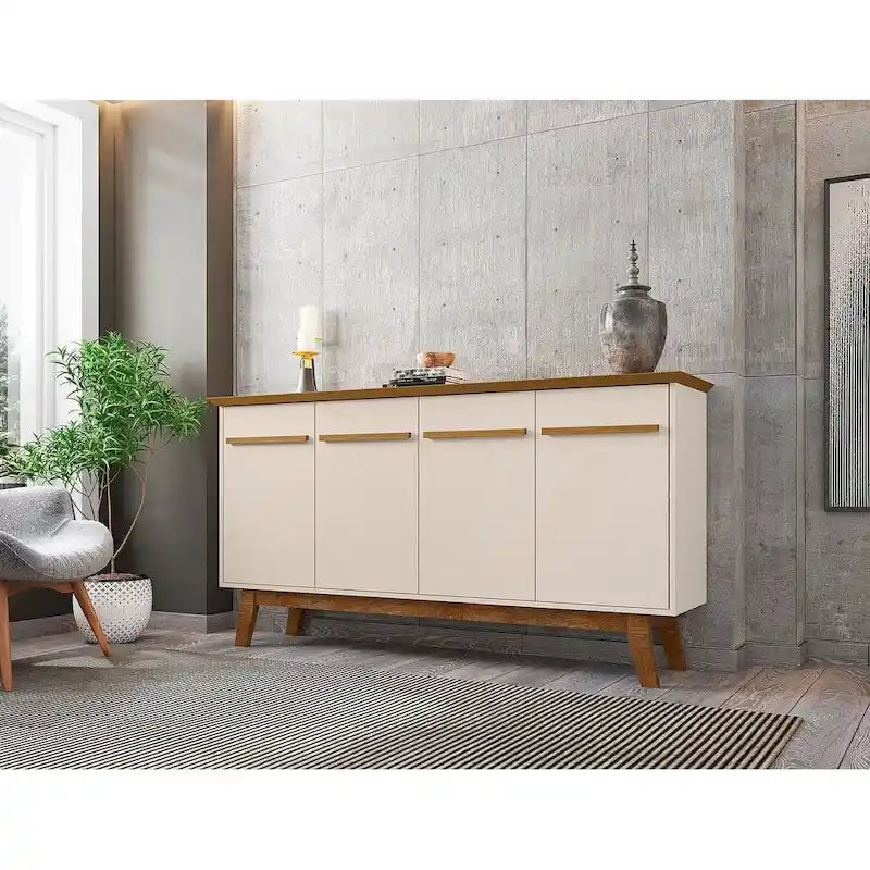 Madia Yonkers 62.99 con gambe in legno massello e 2 ante, Off White e Cinnamon
