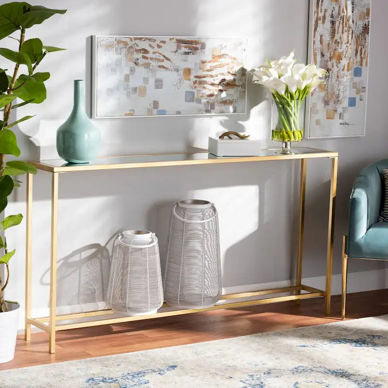 Alessa Gold Finished Metal and Mirrored Glass Console Table