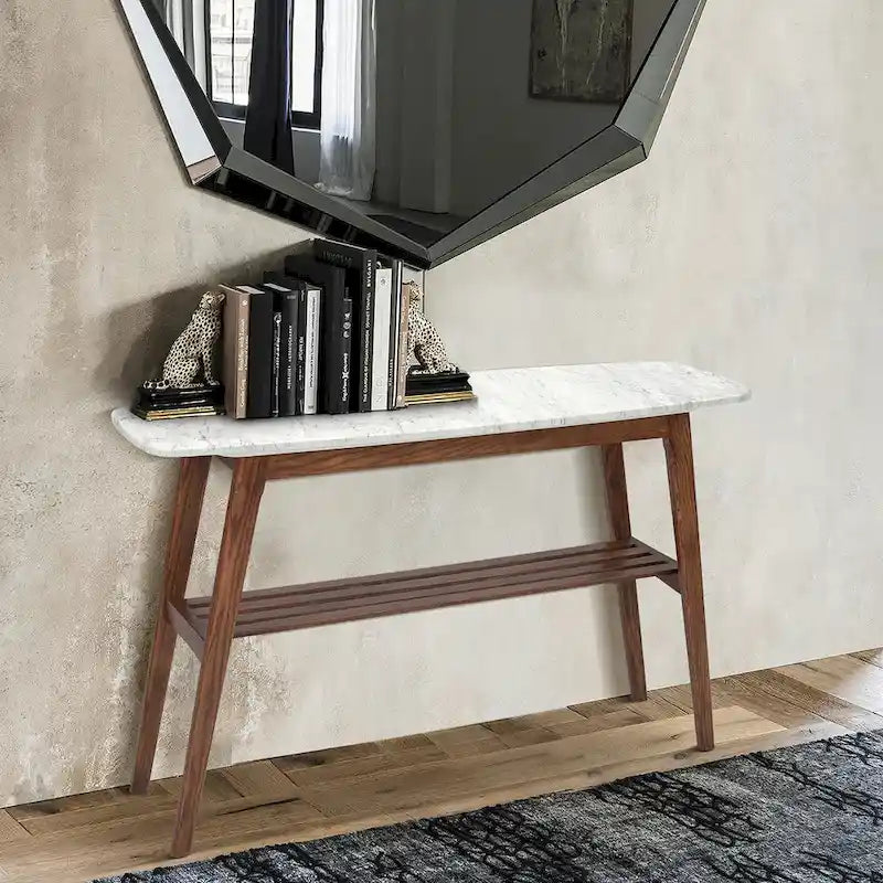 Castello 43  Rectangular Italian Carrara White Marble Console Table with Shelf - 43 L x 12 W x 31 H - 43 L x 12 W x 31 H