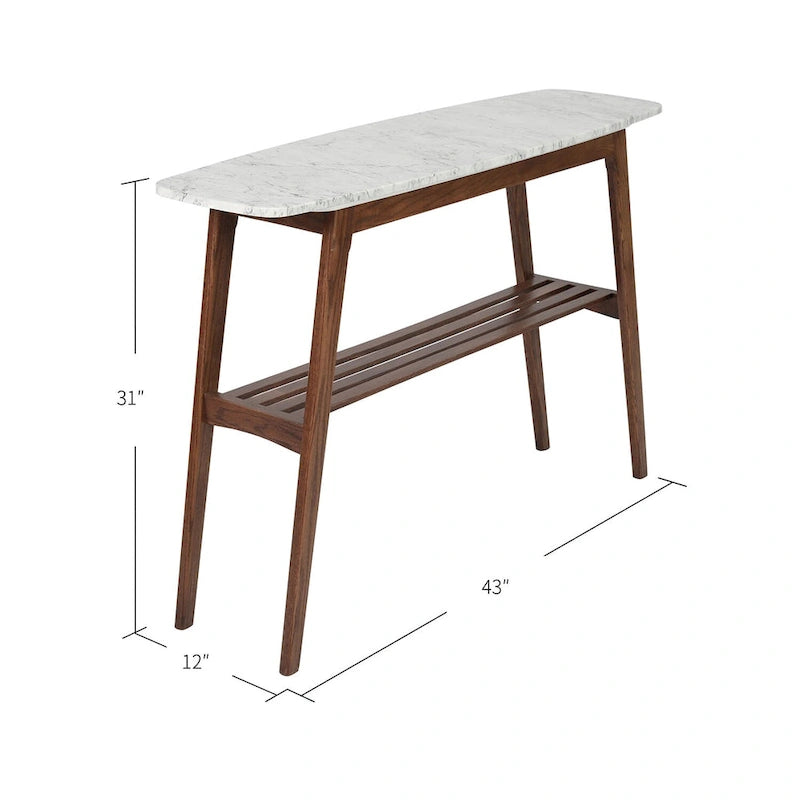 Castello 43  Rectangular Italian Carrara White Marble Console Table with Shelf - 43 L x 12 W x 31 H - 43 L x 12 W x 31 H