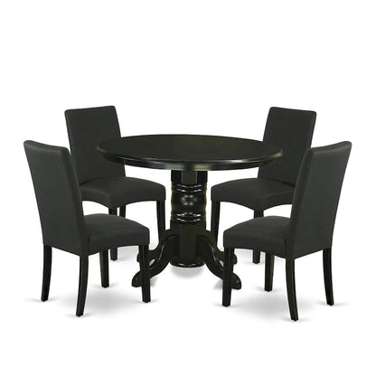 East West Furniture Kitchen Table Set- a Round Table and Black Color Linen Fabric Chairs, Black (Pieces Option)