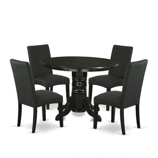East West Furniture Kitchen Table Set- a Round Table and Black Color Linen Fabric Chairs, Black (Pieces Option)