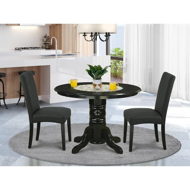 East West Furniture Kitchen Table Set- a Round Table and Black Color Linen Fabric Chairs, Black (Pieces Option)
