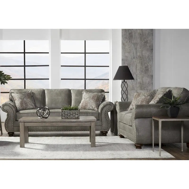 Roundhill Furniture Leinster Faux Leather Upholstered Nailhead Sofa and Loveseat Set in Stone Gray