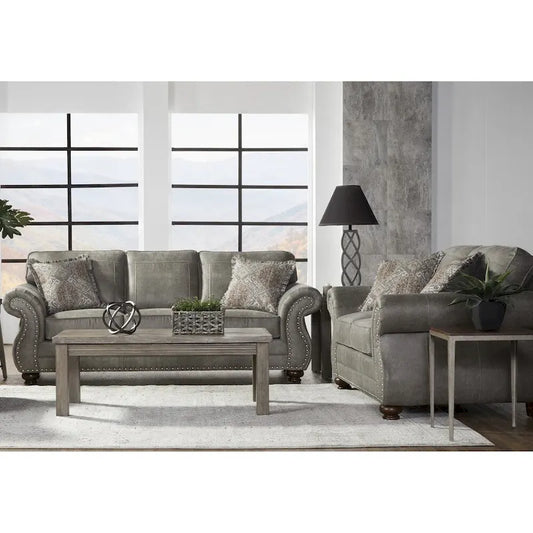 Roundhill Furniture Leinster Faux Leather Upholstered Nailhead Sofa and Loveseat Set in Stone Gray