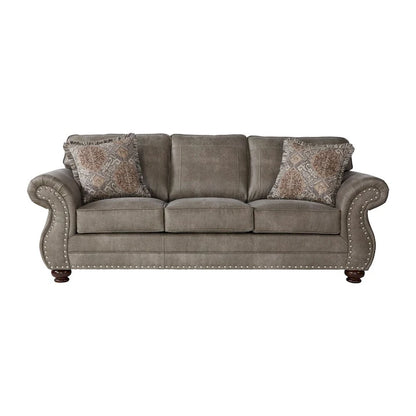 Roundhill Furniture Leinster Faux Leather Upholstered Nailhead Sofa and Loveseat Set in Stone Gray