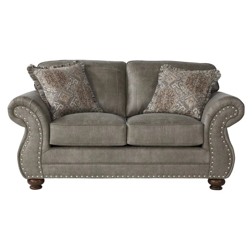 Roundhill Furniture Leinster Faux Leather Upholstered Nailhead Sofa and Loveseat Set in Stone Gray